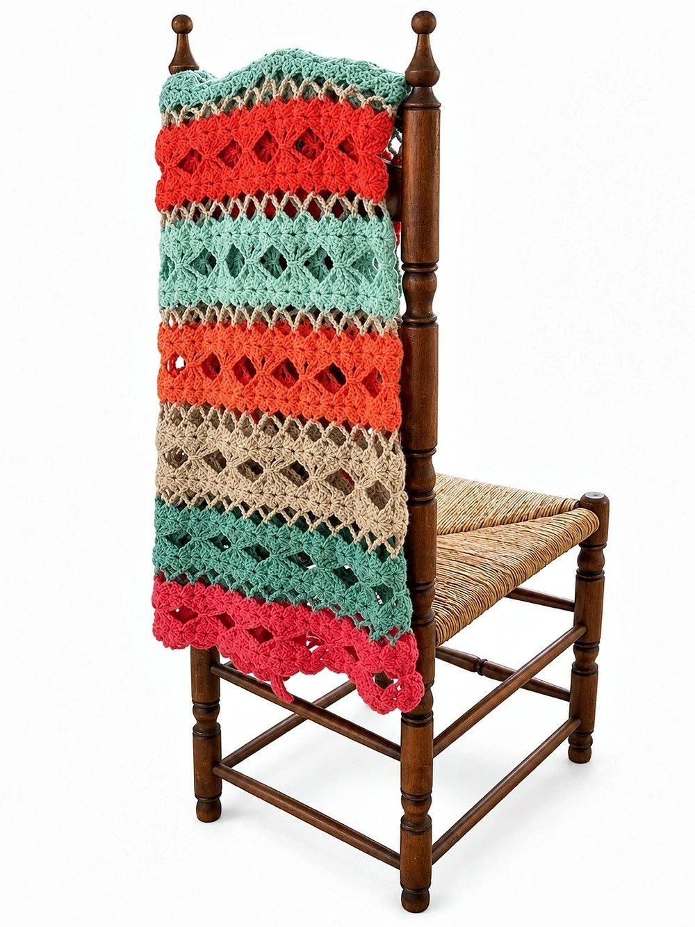 Vintage Handmade Crochet Afghan Blanket Throw – Retro Coral, Sage & Pink